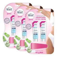 Veet Pure Hair Removal Cream For Women |Derma Tested* For Sensitive Skin (20G + 20G) (Pack Of 3) | Safe For Underarms & Bikini | Gives You Smooth, Moisturized & Visibly Glowing Skin