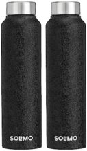 Amazon Brand – Solimo Stainless Steel Fridge Water Bottle | 1000 ml | Textured Black Finish (Set of 2)