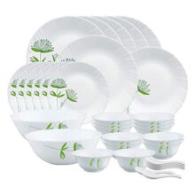 Larah by Borosil Green Lily Opalware Dinner Set, 35 Pcs, White