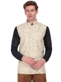 Skavij Men’S Indian Dupion Silk Printed Nehru Jacket Waistcoat Beige_S