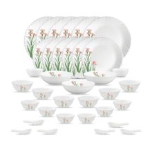 La Opala Opal Glass Crockery | for Family of 6 | Dinner Set 35 pcs Pink Florets | Plates & Bowls for Dining | Microwave Safe | 100% Vegetarian | Extra Strong | Extra Light & White