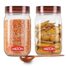 Milton Vintage Airtight Containers with Spoons for Kitchen Storage Food Grade Plastic, Stackable & Transparent Organizer Jars, Masala Dabba, Set of 2 (2 Litres each) for Tea, Coffee, Sugar, Dry Fruits
