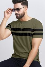 Ausk Striped Men Round Neck Dark Green, Black T-Shirt