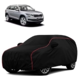 Sulfar 100% Water Resistant Car Body Cover Compatible with Mirror for Skoda Kodiaq (Triple Stitched, Full Bottom Elastic, Black with Red Piping)