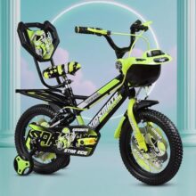 Kidsmate Star Ride 16T Kids Bicycle with Training Wheels | Cycle for Kids Featuring Front Basket, Adjustable Seat & Strong Steel Frame | Perfect First Ride Kids Cycle for 5-8 Years – Neon Green