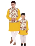 Os mens kurta pyjama with nerhu jacket combination of baap-beta & father and son’s | 100% cotton kurta pyjama | Nerhu jacket satin material-Man-36 / Boy (2-3 year), yellow