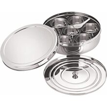 neelam Stainless Steel Spice Box, Masala Dabba with airtight Steel Lid, 7 Containers with 1 Spoon & 1 Steel Plate, Organize Spices, Durable & Elegant Kitchen Storage for Home Cooking, Silver, 825 ml