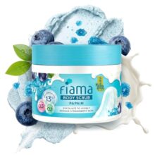 Fiama Strawberry Skin Exfoliating Body Scrub 200g, 0.5% Papain Enzyme + 0.1% Caffeine, Chemical + Physical Exfoliation, 13% Polishing Blend, Reduces Keratosis Pilaris, Refreshing Aqua Fragrance