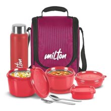 MILTON Pro Lunch Box with Steel Cutlery, 3 Microwave Safe Inner Steel Containers (180 ml, 320 ml, 450 ml), Plastic Chutney Dabba,100 ml, Bottle, 750 ml with Insulated Bag, Office Tiffin, Maroon