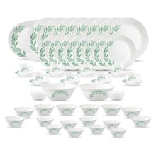 La Opala Diva Classique Collection Opal Glass Crockery | for Family of 8 | Dinner Set 53 pcs Olive Trails | Plates, Bowls & Cups for Dining | Microwave Safe | 100% Vegetarian | Extra Strong | White