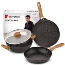 Bergner Ivory Black Granite Non-Stick 4 Pcs Cookware Set – 24Cm (2.5L) Kadai With Glass Lid, 24Cm Frypan, 28Cm Dosa Tawa, Forged Aluminium, Soft Touch Handle, Pfoa Free, Induction And Gas Stove Ready