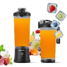 Amazon Basics Portable Hand Blender for Smoothies and Juices | USB Rechargeable | 6 Stainless Steel Blades | 600 ml Food Grade Jar | 1 Year Warranty | 2×2000 mAh Batteries (Black)