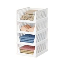 Sulfar Foldable Cupboard Organizer For Clothes – Stackable Closet Organizer For Wardrobe – For Shirt | Pants | Jeans – Plastic Cupboard Dress Racks For Clothes Storage (White) Pack Of 4