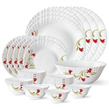 Larah by Borosil Floral Fluted Series Red Lily Opalware Dinner Set | 25 Piece For Family Of 6 | Microwave & Dishwasher Safe | Bone-Ash Free | Crockery Set For Dining & Gifting | Plates & Bowls | White