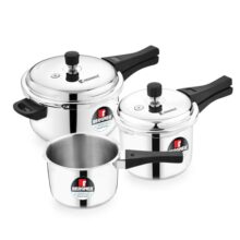 Bergner Sorrento Stainless Steel Outer Lid Pressure Cooker Combo – 5 Liters Cooker, 2 Litres And 3 Litres Cooker With A Common Lid, Heavy Bottom, Healthy Cooking – Induction And Gas Stove Ready