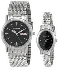 Sonata Quartz Analog With Day And Date Black Dial Metal Strap Watch For Couple-Ns11418100Sm01P