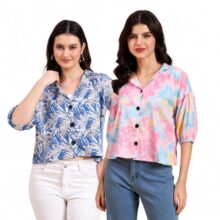 Civamee Women’S Cotton Blend Printed Combo (Pack Of 2) Shirts – 3/4 Sleeves V Collar Neck (Combo1744_3_5-S)