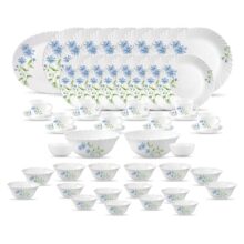 La Opala Diva Classique Collection Opal Glass Crockery | for Family of 8 | Dinner Set 53 pcs Blue Daisy | Plates, Bowls & Cups for Dining | Microwave Safe | 100% Vegetarian | Extra Strong | White
