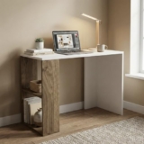 Andca Strata Compact Computer Desk with Built-in 2-Tier Bookshelf, Space-Saving Modern Study Table & Workstation for Home Office, 90x50x80cm (White & Walnut)