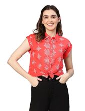 oxolloxo Women Red Floral Print Tie-Knotted Cotton Shirt