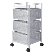 Amazon Brand – Solimo 360° Revolving Preassembled Heavy-Duty 3 Layer Square Portable Trolley With Wheels | Multipurpose Storage Racks | Books, Fruits And Vegetables (Matte,Silver)