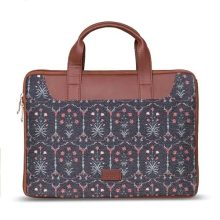 Zouk Taj Guldasta Floral Printed Women’S Jute Handcrafted Vegan Leather Black L Zipper Laptop Sleeve 15.6 Inch