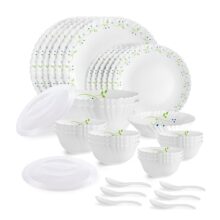 CELLO Tropical Lagoon Dazzle Series Opalware Dinner Set of 35 Pieces For Family of 6 | Bone-Ash Free & Leadfree Opal Glass, Microwave & Dishwasher Safe Plates & Bowls Crockery Set For Dining & Gifting