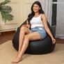Sattva Classic Piping Xxxl Bean Bag With Pocket Filled With Beans | Faux Leather Teardrop Bean Bag For Adults & Teens | Pre-Filled Comfortable Seating For Home, Living Room – Black With Red Piping
