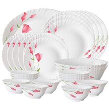 Larah by Borosil Fluted Series Diana Opalware Dinner Set | 27 Piece for Family of 6 | Microwave & Dishwasher Safe | Bone-Ash Free | Crockery Set for Dining & Gifting | Plates & Bowls | White