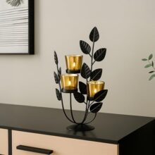 MARKET 99 Metal + Glass 3 Votive T-Light Holder Leaf Shape Black | Golden & Black Decorative Candle Holder for Home Decor | Tealight Stand for Diwali, Christmas, Wedding, Parties & Festive Decoration