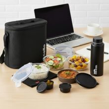 CELLO MF Glassy Pro Lunch Box with Jacket For Office, Black | 3 x 400ml Glass Containers, 1 x 225ml, 2 x 50ml Mini Containers & Bottle 700ml, Microwave Safe Airtight Leakproof Tiffin Box For Daily Use