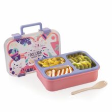 Attro Kitty Kart Plastic Lunch Box – 3 Compartment Bento Tiffin, Leak-Proof & Durable, Plastic Cutlery, Ideal For Kids, School,Picnic – 800Ml, Pink Purple