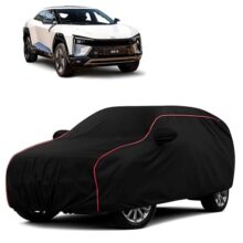 Sulfar 100% Water Resistant Car Body Cover Compatible with Mirror for Mahindra BE 6 (Triple Stitched, Full Bottom Elastic, Black with Red Piping)