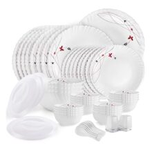 Cello Opalware Dazzle Series Lush Fiesta Dinner Set, 49Pcs | Opal Glass Dinner Set for 8 | Light-Weight, Daily Use Crockery Set for Dining | White Plate and Bowl Set