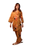 Trendy Queen Women Yellow Print Co Ord Set Kurta Pant Summer Casual Lounge Outfit Three Quarter Sleeve Button Top Relaxed Fit Trousers Floral Citrus Design