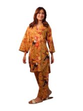 Trendy Queen Women Yellow Print Co Ord Set Kurta Pant Summer Casual Lounge Outfit Three Quarter Sleeve Button Top Relaxed Fit Trousers Floral Citrus Design