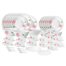 Larah by Borosil Red Mist Fluted Series Opalware Dinner Set | 66 Pieces for Family of 6 | Microwave & Dishwasher Safe | Bone-Ash Free | Crockery Set for Dining & Gifting | Plates & Bowls | White