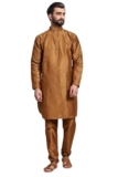 Skavij Men’S Art Silk Solid Kurta Pyjama Set Festive Woven Design 2-Piece Ethnic Dress (Kp055Brown_Brown_M)