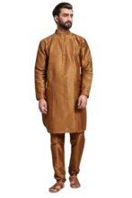 Skavij Men’S Art Silk Solid Kurta Pyjama Set Festive Woven Design 2-Piece Ethnic Dress (Kp055Brown_Brown_M)