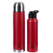 Pigeon By Stovekraft Therminox Stark Plus Vacuum Insulated Flask 1000Ml + Inox Hydra Single Walled Fridge Bottle 900Ml Bottle Combo, (Red) |Leak Proof|Kitchen|Travel|Office|Gym|Stainless Steel