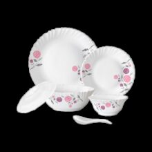 Larah by Borosil Pack of 34 Opalware Galaxy Dahlia Crockey Gifting, Plate & Bowl Dinner Set(Pink, Microwave Safe)