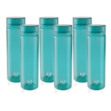 CELLO H2O Round Water Bottle Set of 6, 1000ml, Sea Green | BPA Free, Unbreakable & Reusable |Leakproof Silicone Lid Fridge Set of PET Water Bottle For Kitchen, Office, School, College, Travel, Gifting