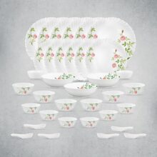 La Opala Opal Glass Crockery | For Family Of 6 | Dinner Set 35 Pcs Rose Garden | Plates & Bowls For Dining | Microwave Safe | 100% Vegetarian | Extra Strong | Extra Light & White