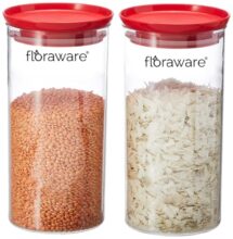 Floraware Plastic Air Tight BPA Free Stackable Round Push Multipurpose Containers For Kitchen Organizer 1400ml for Rice Dal Flour Snacks Cereals Pack of 2 (Red)