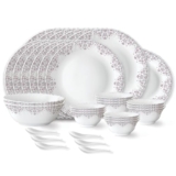 Larah by Borosil Lark Fluted Series Opalware Dinner Set | 33 Pieces for Family of 6 | Microwave & Dishwasher Safe | Bone-Ash Free | Crockery Set for Dining & Gifting | Plates & Bowls | White