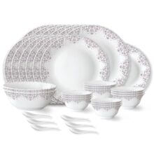 Larah by Borosil Lark Fluted Series Opalware Dinner Set | 33 Pieces for Family of 6 | Microwave & Dishwasher Safe | Bone-Ash Free | Crockery Set for Dining & Gifting | Plates & Bowls | White