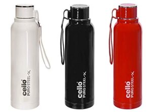CELLO Puro Steel-X Benz 900 PU Insulated Water Bottle Set of 3, 650 ml Each, Assorted | BPA Free, Leakproof, ISI Certified |Hot & Cold Bottle for Gym, Office, College, Travel, Camping, Sports & Yoga