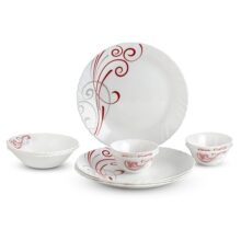 CELLO Red Swirl Imperial Series Opalware Dinner Set of 10 Pieces for Family of 4 | Bone-Ash Free & Leadfree Opal Glass, Microwave & Dishwasher Safe Plates & Bowls Crockery Set for Dining & Gifting