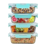 SIMPARTE 1520ml Rectangular Borosilicate Glass Food Storage Containers with Airtight Leak-Proof Blue Lids – Set of 4 | Microwave, Freezer & Dishwasher Safe | Transparent Lunch Boxes