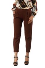 Denolix Women’s Pure Cotton Made Elastic Waist Double Side Pocket Ankle Length Casual TrouserBrown |L